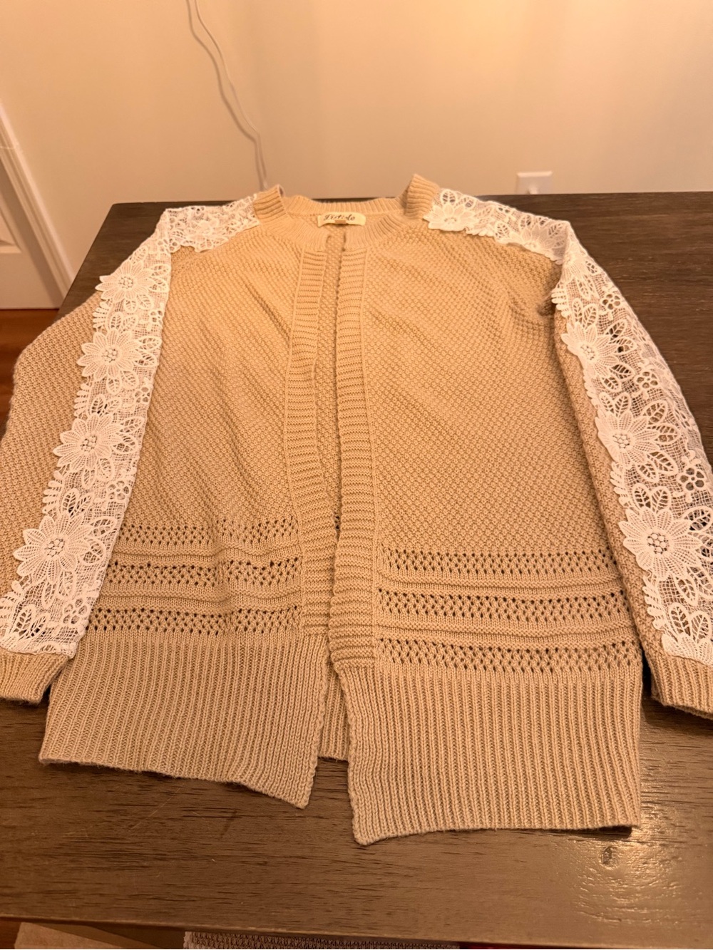 Listicle Beige Knit Cardigan with White Floral Lace Sleeves